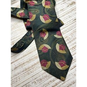 Vintage SILK Tie Pink Green Paisley‎ Geometric Artsy Funky Unique